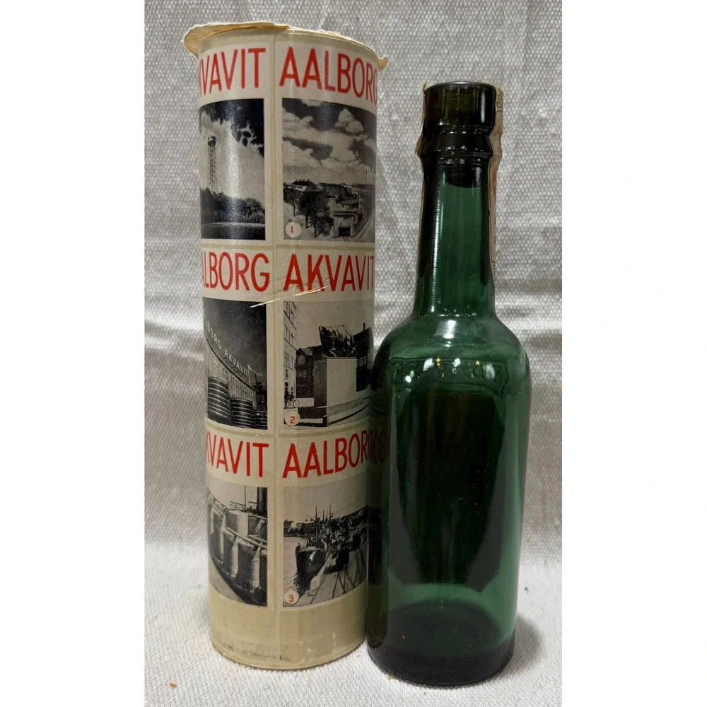 Vintage Aalborg Taffel Akvavit Green Glass bttle with Decorative Tube 10cl Empty